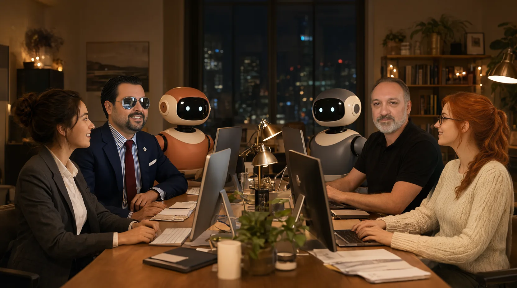 A cozy studio office at night, six at one long table. From the left: Sofia in a charcoal suit, Fernando in a navy suit and aviators, Claude as a terracotta robot, Joel's Claude as a second robot, Joel in a black polo, and Joel's Sophia
